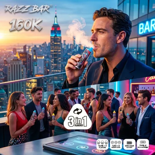 A man vaping RAZZ BAR 160K Puffs at a rooftop lounge party with city views.