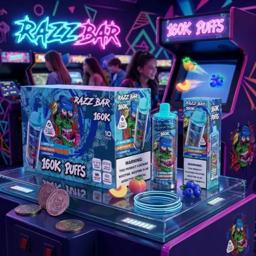 RAZZ BAR 160K Puffs 10 pieces display box on an arcade machine glass.