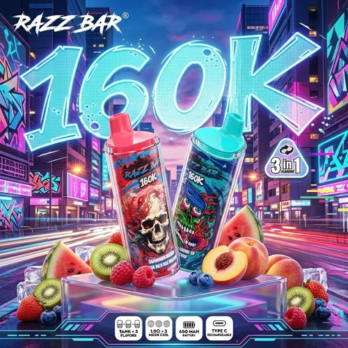 RAZZ BAR 160K Puffs disposable vape with mixed fruits on neon background.