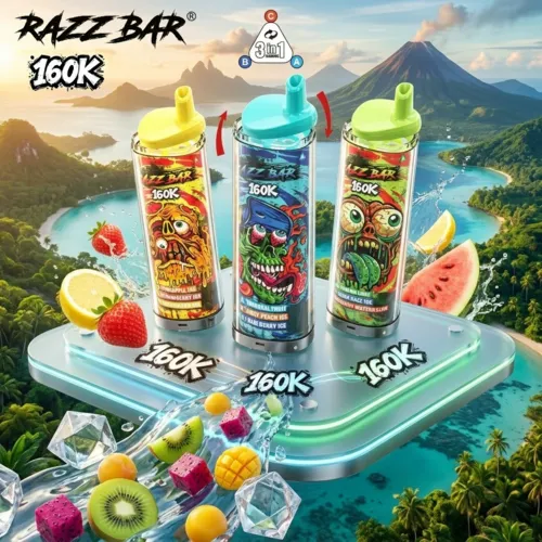 Three RAZZ BAR 160K Puffs vapes over tropical island volcano backdrop