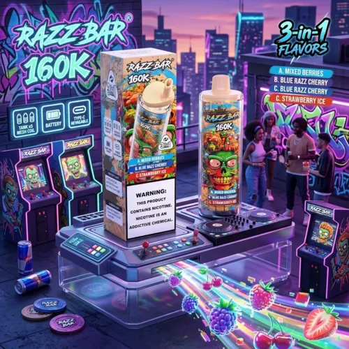 RAZZ BAR 160K Puffs vape box on a DJ turntable showcasing berry flavors.