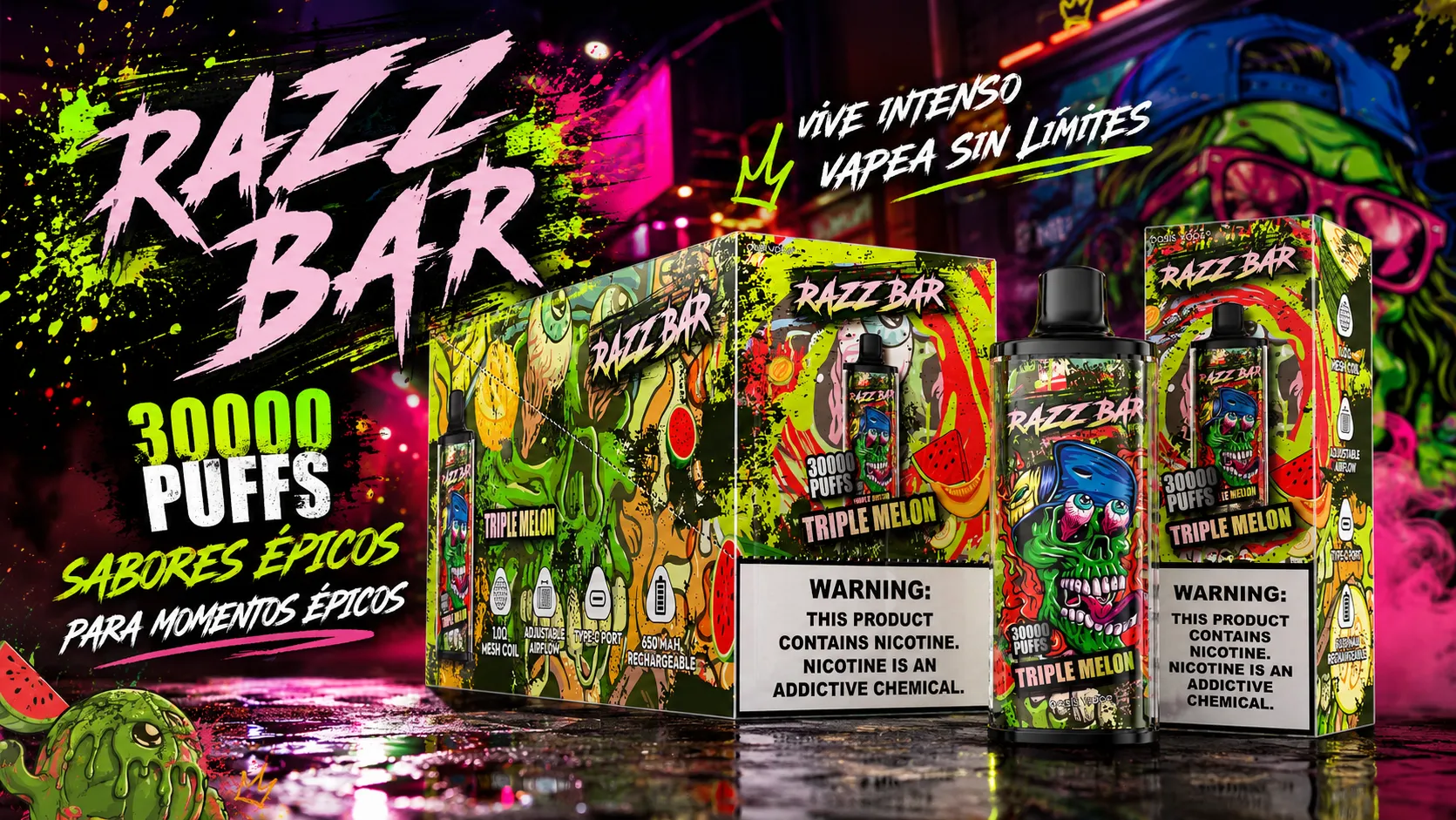 RAZZ BAR 30000 Puffs disposable vape in Triple Melon flavor with box packaging and nicotine warning label.