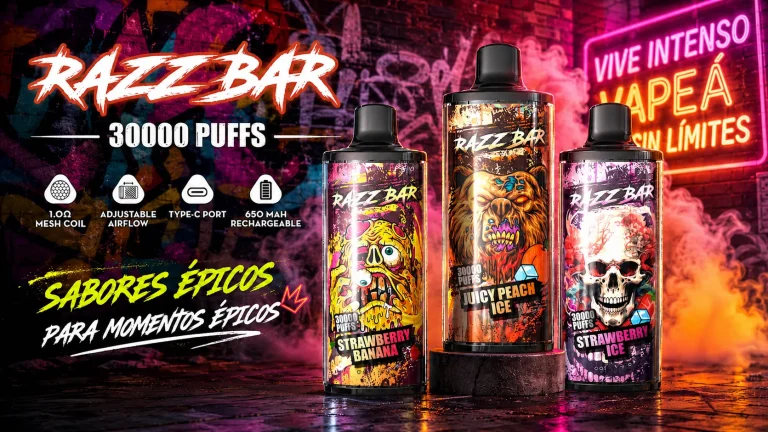 RAZZ BAR 30K Puffs disposable vape featuring Strawberry Banana, Juicy Peach Ice, and Strawberry Ice flavors with 1.0 ohm mesh coil.