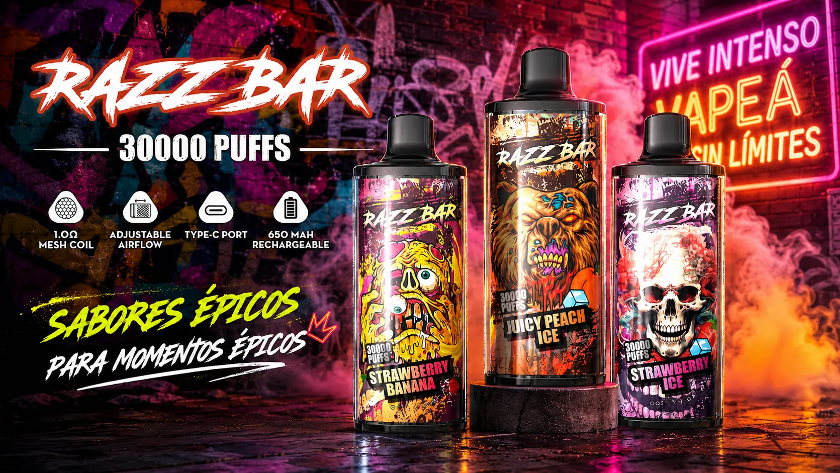 RAZZ BAR 30K Puffs disposable vape featuring Strawberry Banana, Juicy Peach Ice, and Strawberry Ice flavors with 1.0 ohm mesh coil.