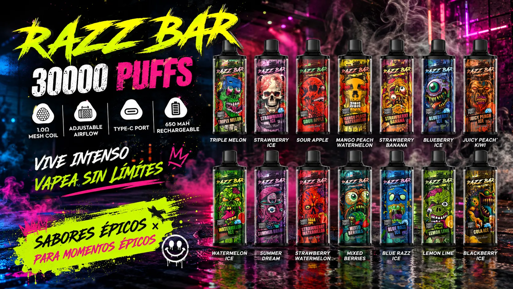 Complete flavor list of RAZZ BAR 30K Puffs disposable vape including Sour Apple, Mango Peach Watermelon, and Blue Razz Ice.