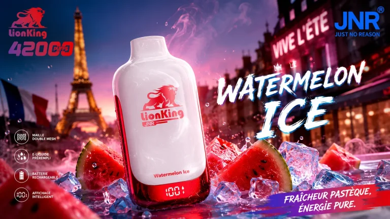 JNR Lion King 42K Puffs disposable vape Watermelon Ice flavor with Eiffel Tower backdrop for French market.