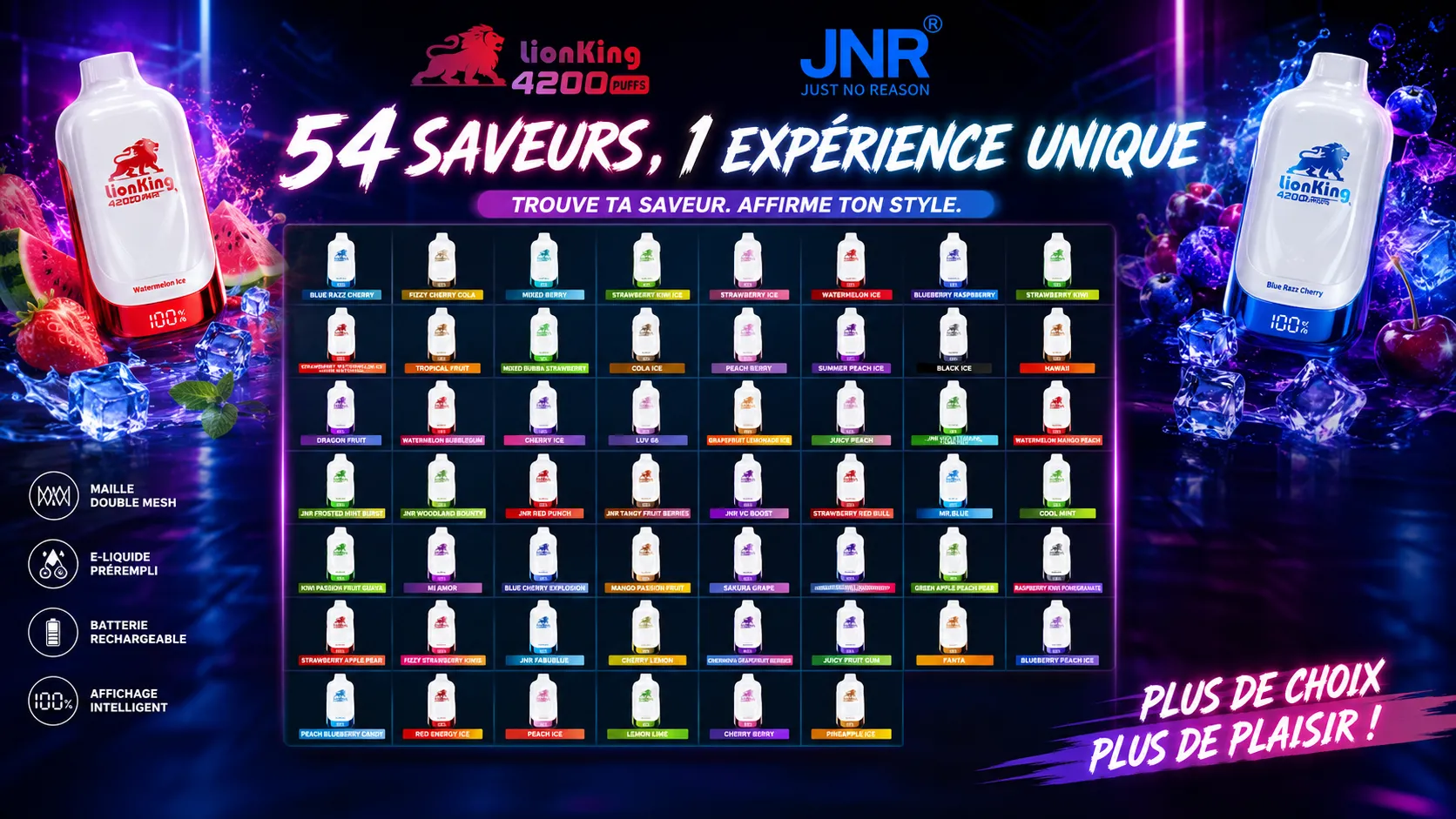 Complete flavor chart of JNR Lion King 42K Puffs disposable vapes showing 54 unique flavors for vape shops in France.