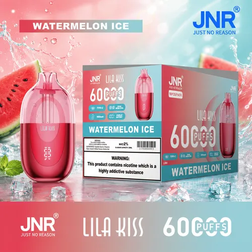 Red JNR Lila Kiss 60K Puffs Watermelon Ice disposable vape with 10-piece display box on ice cubes.