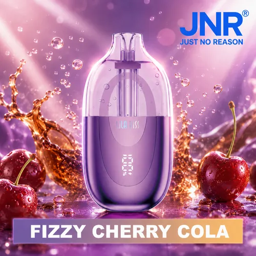 Purple JNR Lila Kiss 60K Puffs vape device in Fizzy Cherry Cola flavor with splash background and cherries.
