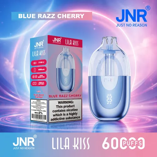 JNR Lila Kiss 60K Puffs disposable vape in Blue Razz Cherry flavor with box and smart LED battery display.