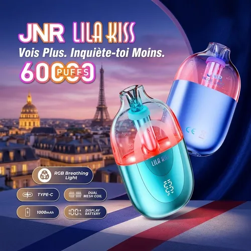JNR Lila Kiss 60K Puffs disposable vapes showing RGB breathing light against Paris skyline backdrop.