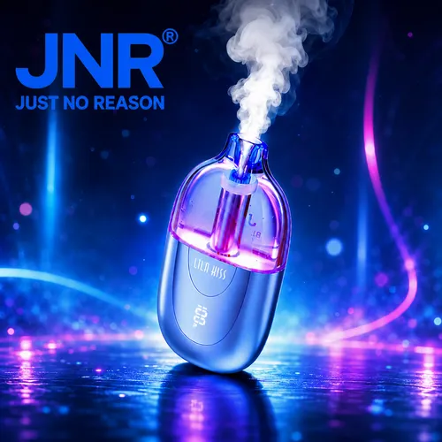 Glowing blue JNR Lila Kiss 60K Puffs disposable vape emitting thick vapor cloud on dark background.