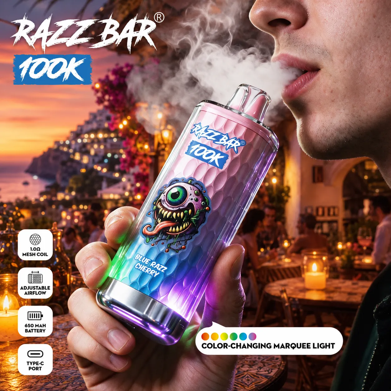 Hand holding Razz Bar 100K puffs Blue Razz Cherry vape with illuminated LED base and vapor cloud.