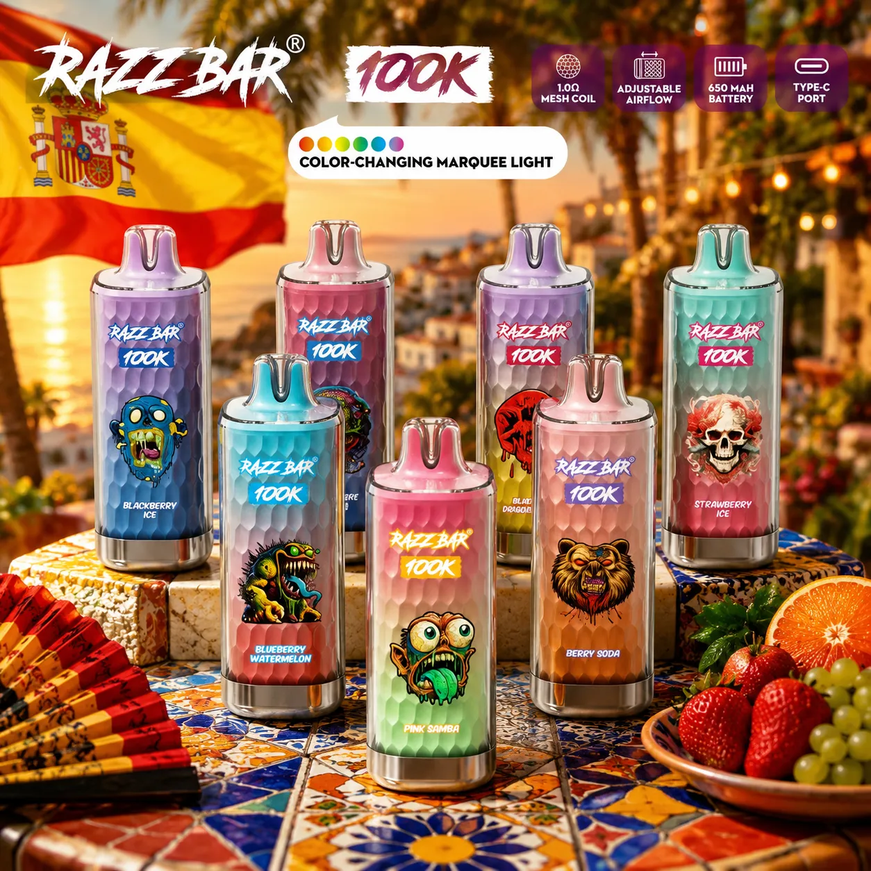 Complete collection of Razz Bar 100K puffs vape flavors with Spanish flag and Mediterranean scene.