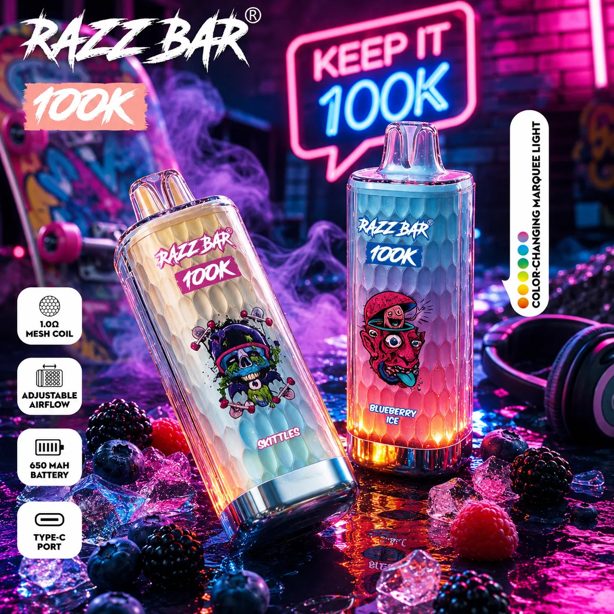 Razz Bar 100K puffs vapes with glowing marquee light and mesh coil on ice with berries.