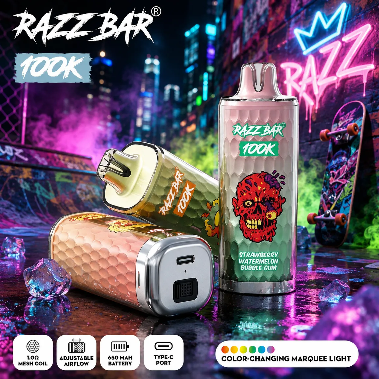 Bottom view of Razz Bar 100K puffs vape showing Type-C charging port and adjustable airflow slider.