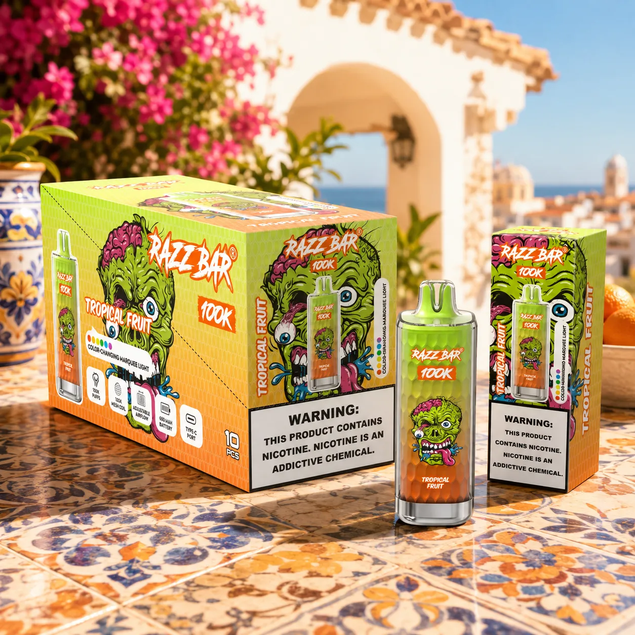 10 pieces wholesale display box and single pack of Razz Bar 100K puffs Tropical Fruit vape.