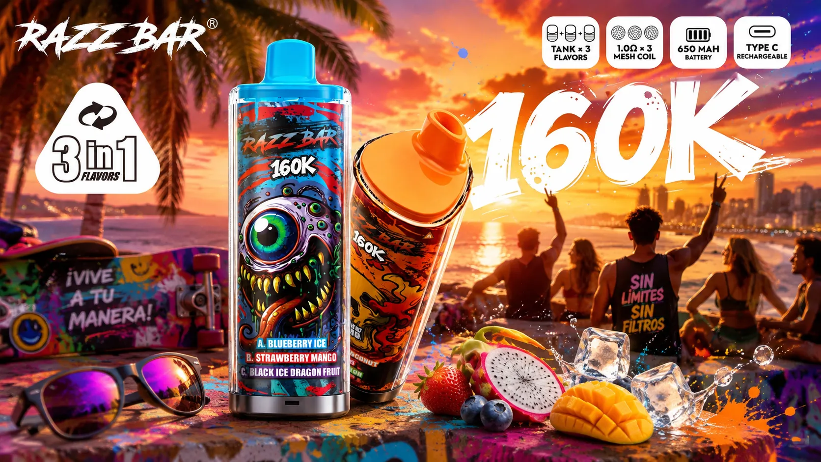 RAZZ BAR 160K puffs 3 in 1 flavors disposable vape device showcasing mesh coil and 650mAh battery on a beach sunset background.