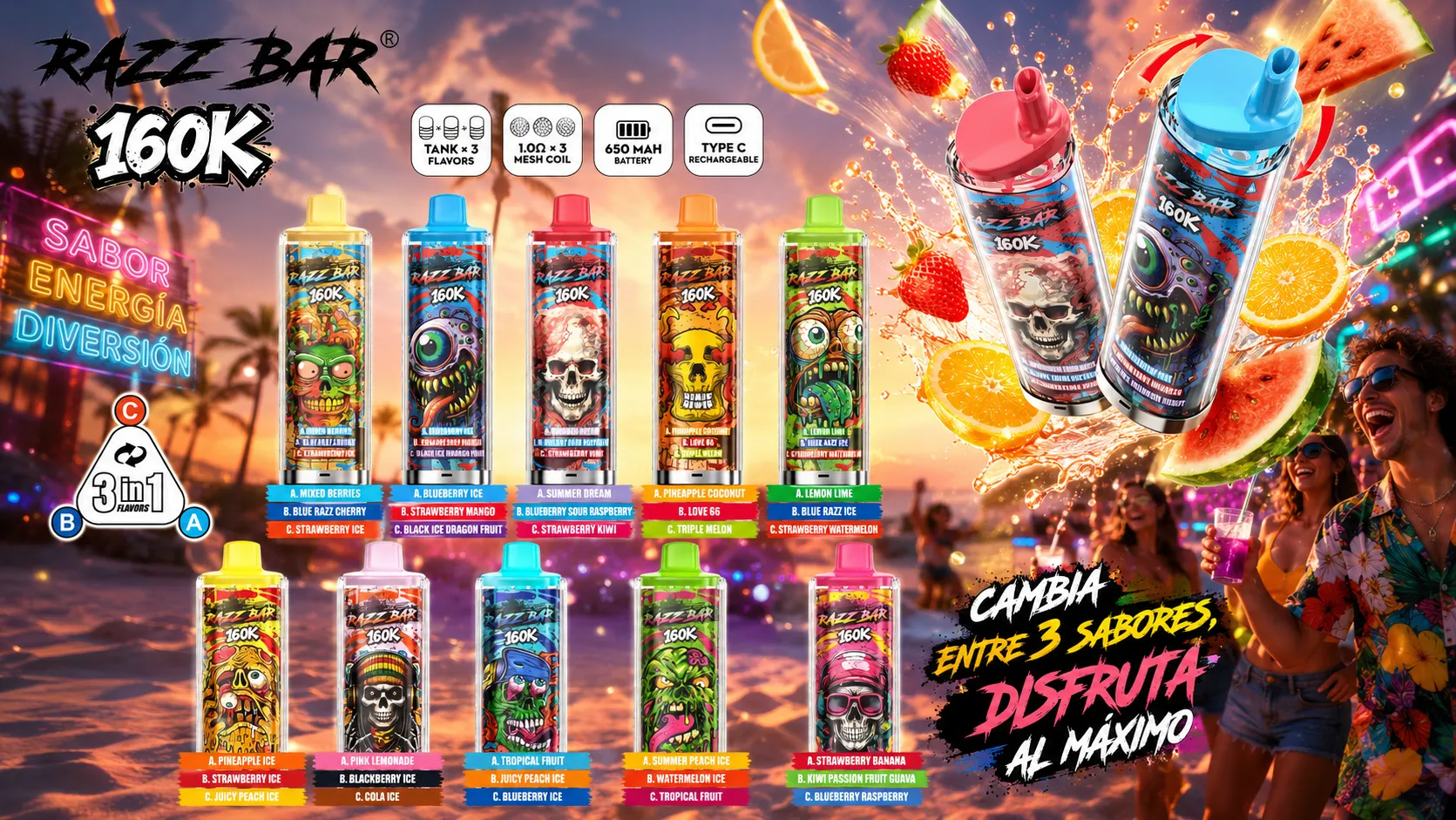 Complete lineup of RAZZ BAR 160K puffs disposable vape flavors collection displayed on a tropical summer beach background.