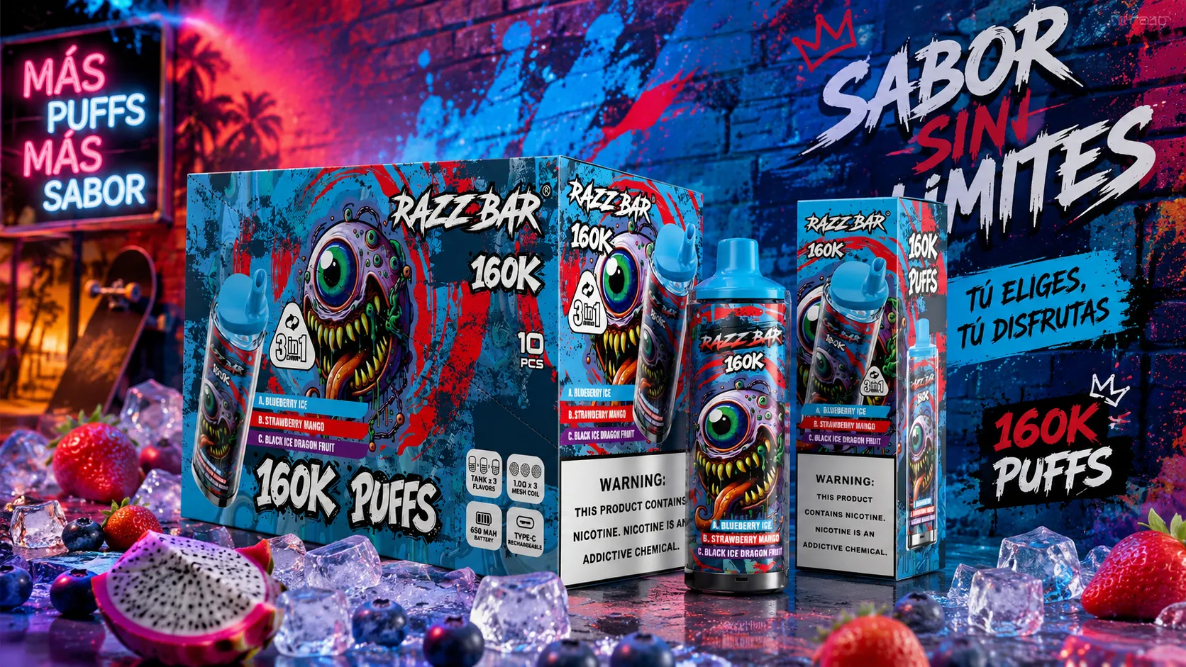 Retail packaging box of RAZZ BAR 160K puffs 3 in 1 flavors disposable vape surrounded by fresh fruits and ice cubes.