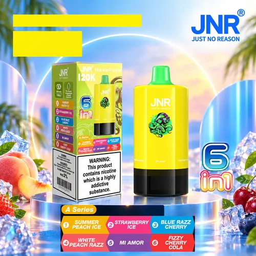 Yellow JNR HexaFuse 6in1 120K Puffs disposable vape and box featuring A Series flavors