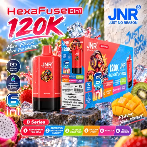 Red JNR HexaFuse 6in1 120K Puffs vape device with 5-pack display box and B Series flavors