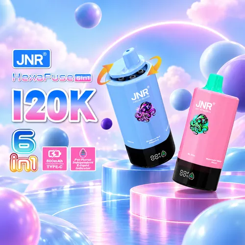 JNR HexaFuse 6in1 120K Puffs vape with 800mAh Type-C battery and e-liquid display