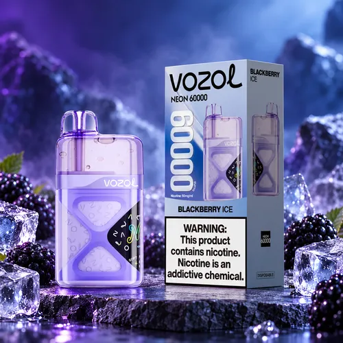 Vozol Neon 60K Puffs Blackberry Ice flavor vape with retail packaging box and fresh berries.