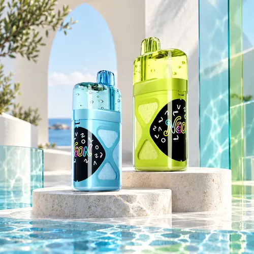 Blue and green Vozol Neon 60K Puffs disposable vapes standing beside a sunny pool.