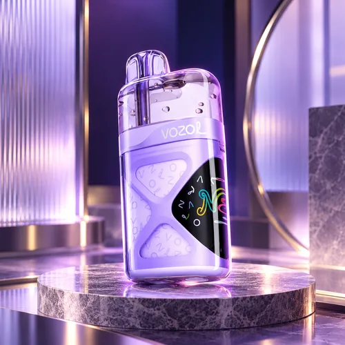 Purple Vozol Neon 60K Puffs disposable vape on a pedestal showing smart LED screen.